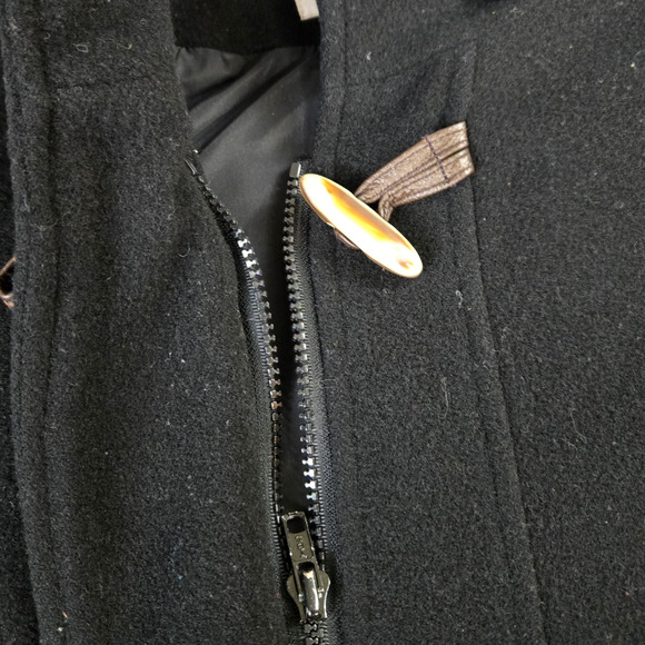 90s Vintage Black Wool Blend Toggle Closure Leather Trim Overcoat Size Medium - Picture 10 of 13